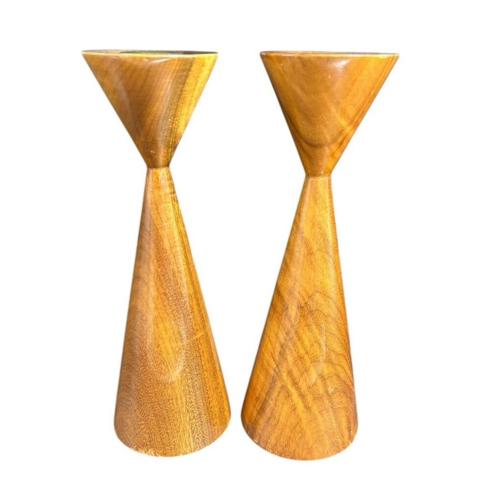1960s Myrtlewood Danish Modern 8" Carved Tulip Conical Candlestick Holders Pair